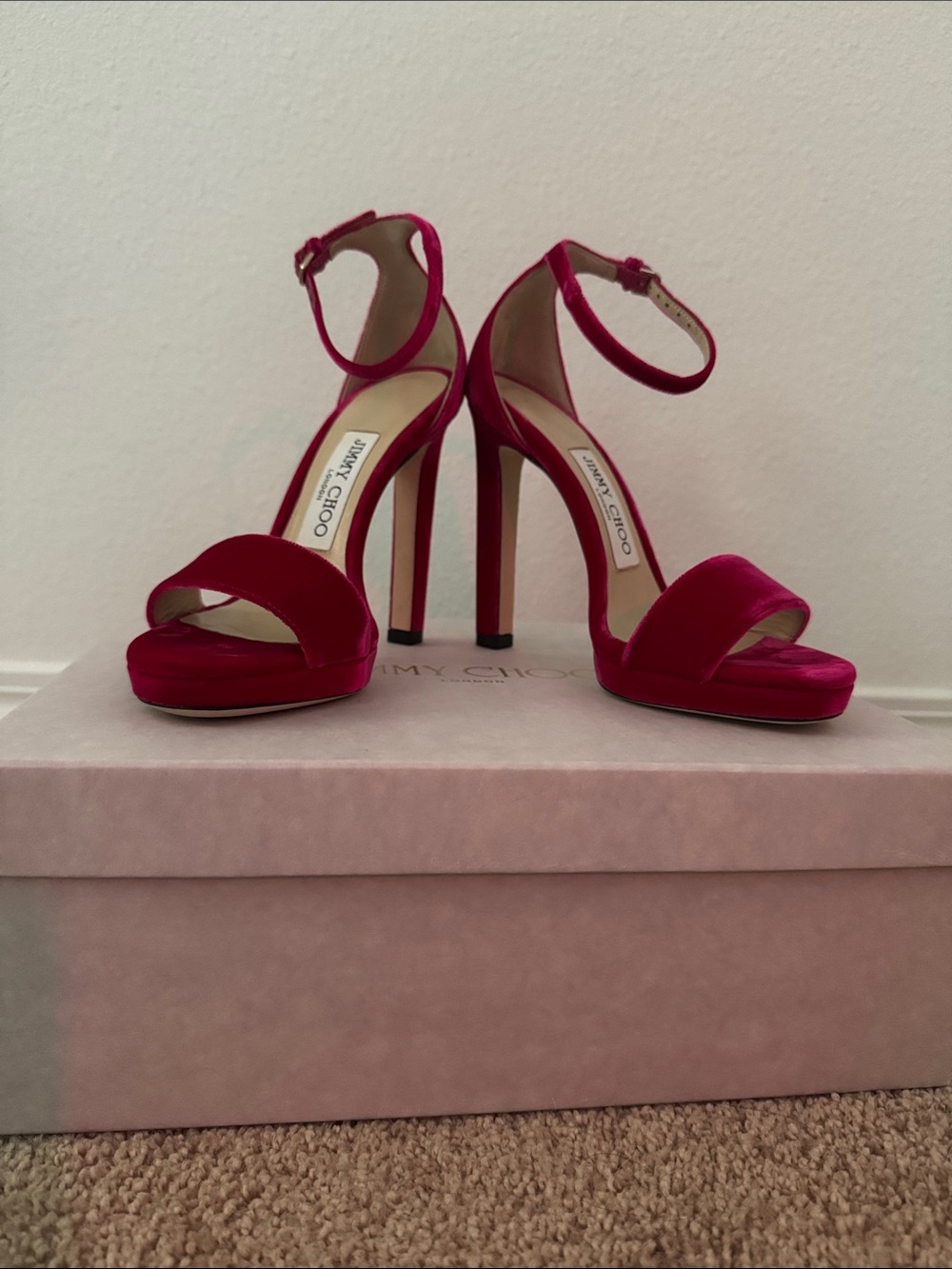 Jimmy Choo Fuchsia Misty 120 Velvet Ankle-Strap Platform Heels